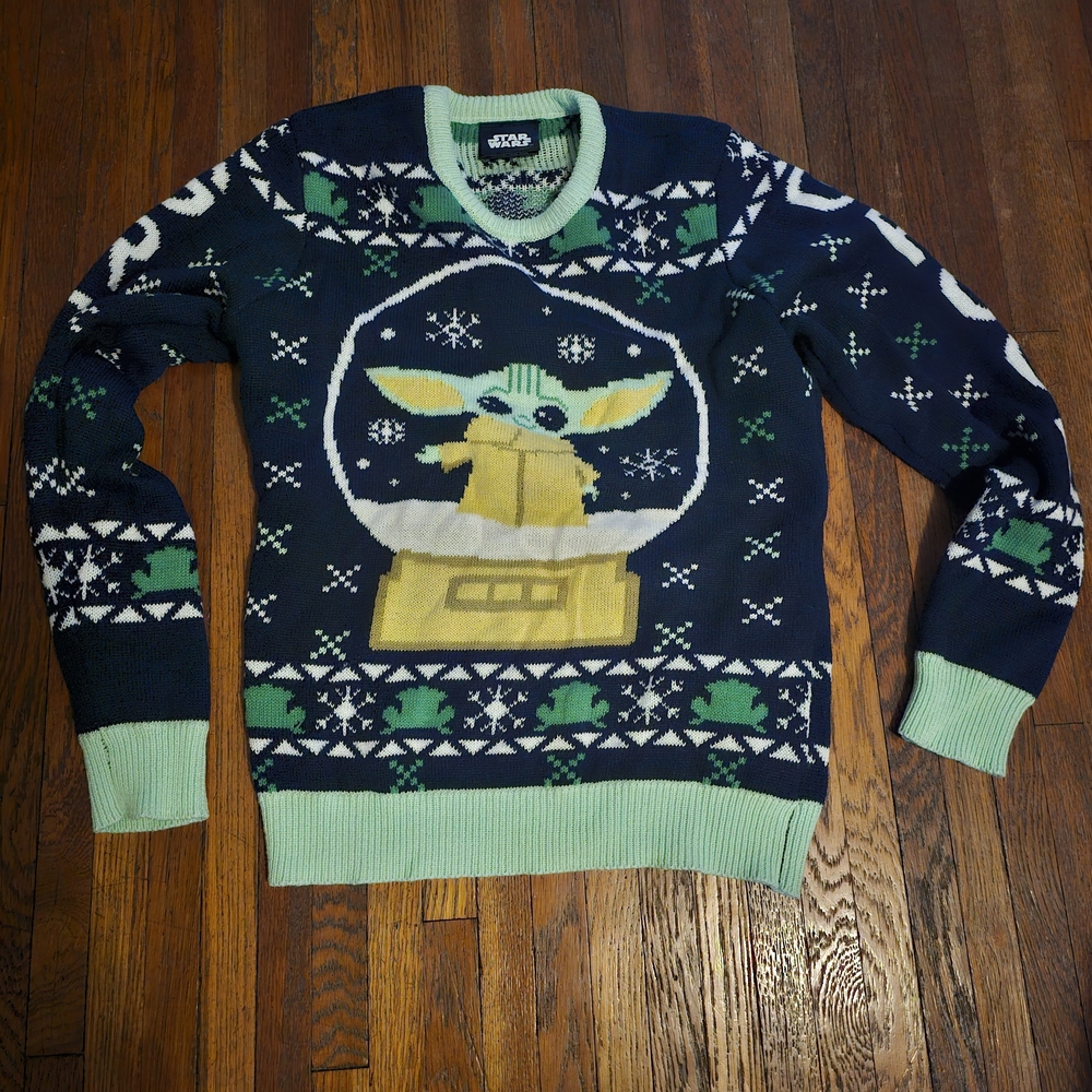 Star Wars Grogu ChristmasbNavy and Mint Green Crewneck Sweater